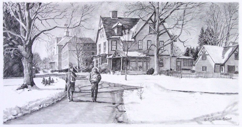 Winter Walk to Class pencil sketch by Nick Santoleri