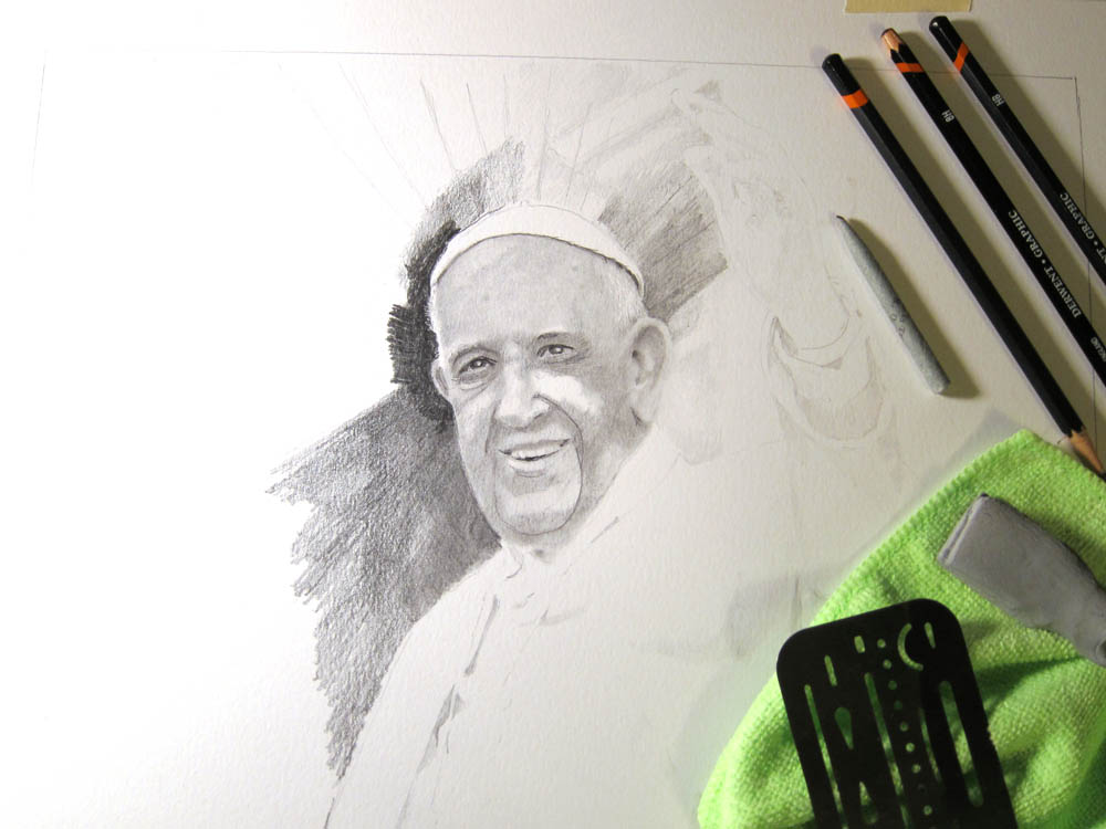 Pope Francis Drawing in Progress 01 by Santoleri