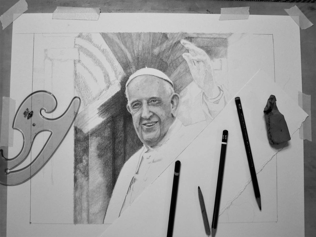 Pope Francis Drawing in Progress 02 by Santoleri