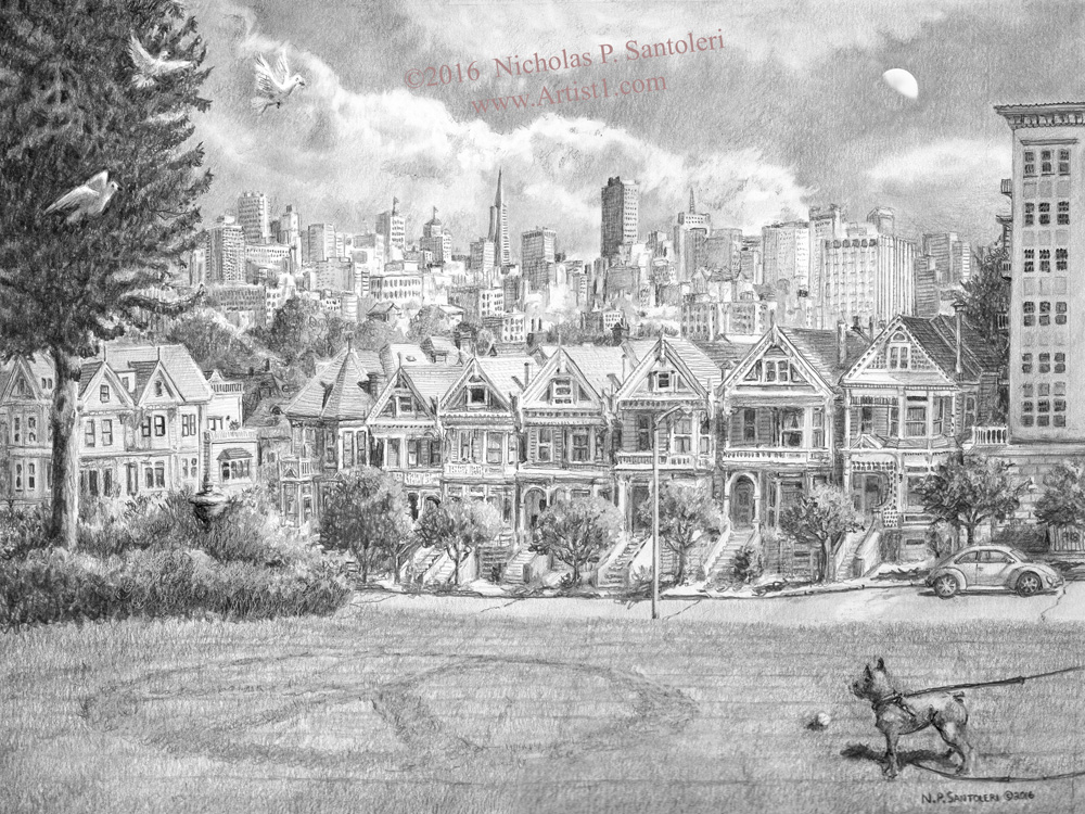 Open Edition Prints of View from Alamo Square Pencil Drawing by Nick Santoleri