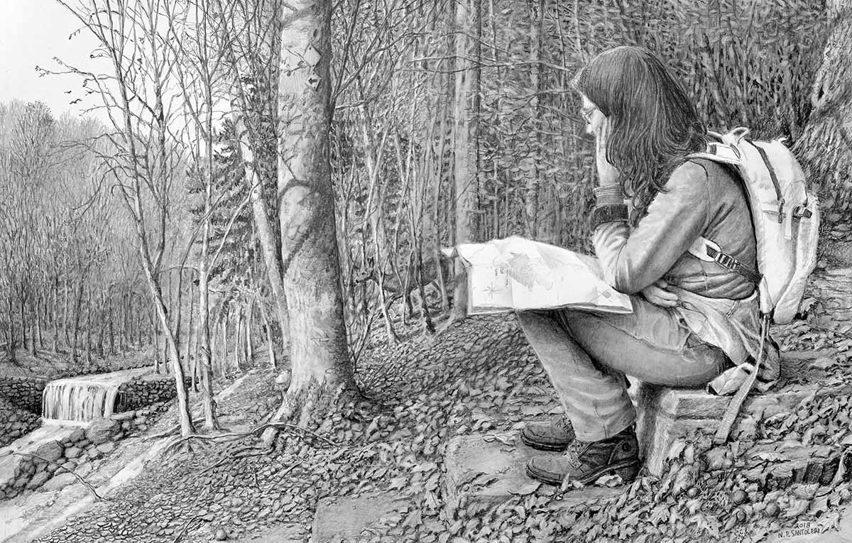 Hiking the Wissahickon Pencil Drawing by Nick Santoleri